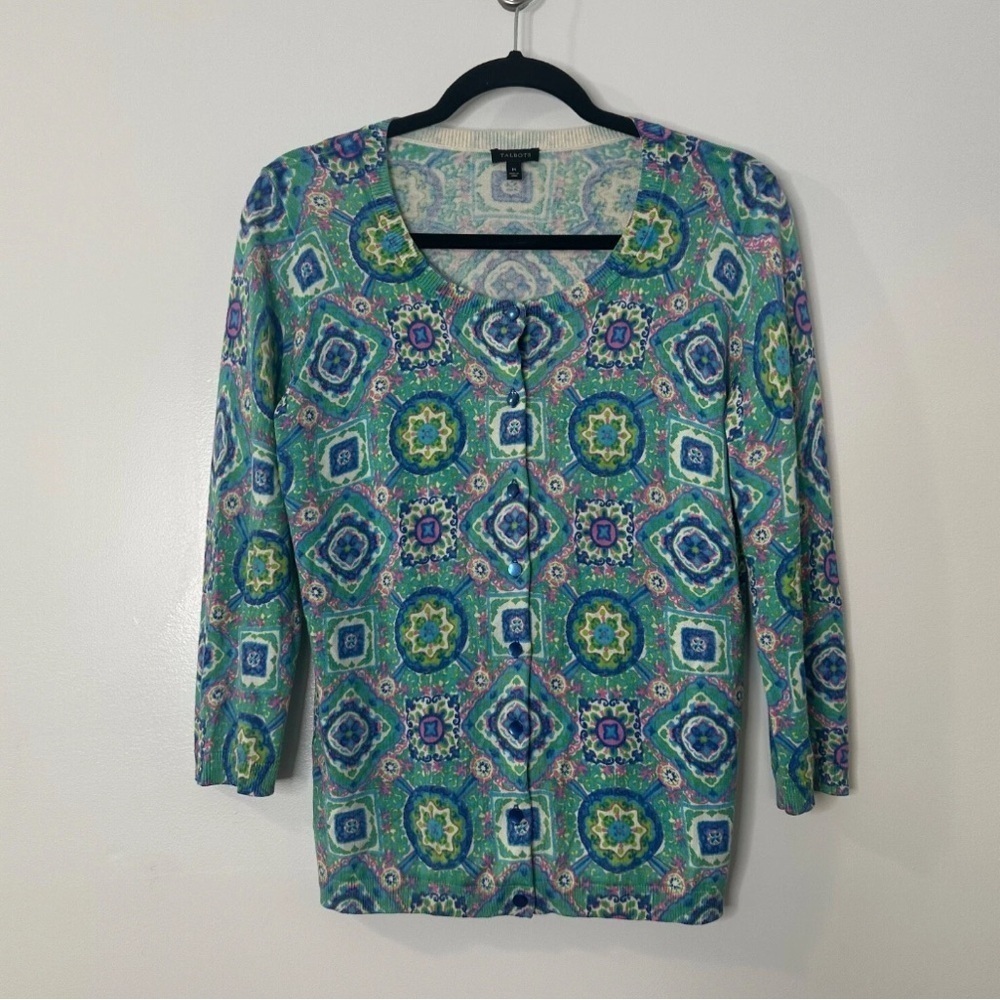 Talbots Womens 3/4 Sleeve Button Cardigan Size XP Preppy Medallion Lightweight